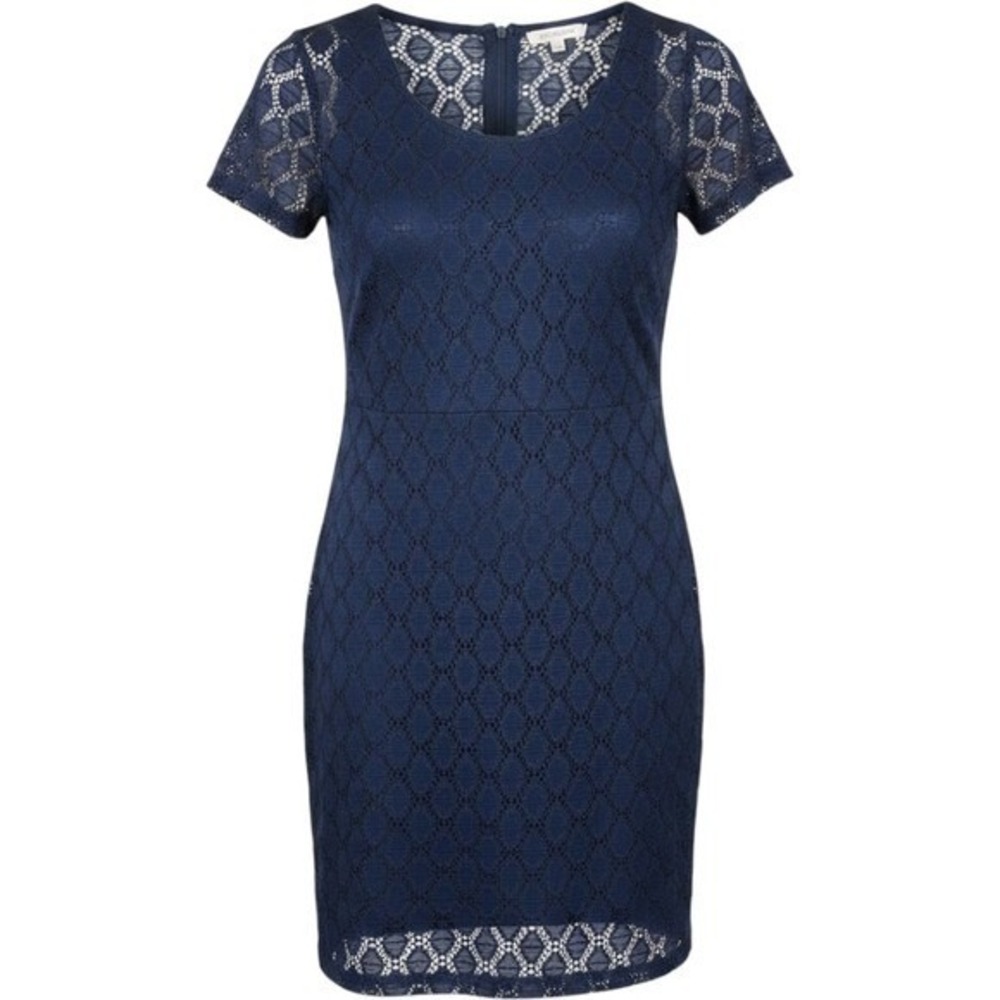 Isaac Mizrahi Sheath Dress Women Large Navy Blue Good Lace Overlay Short Sleeve